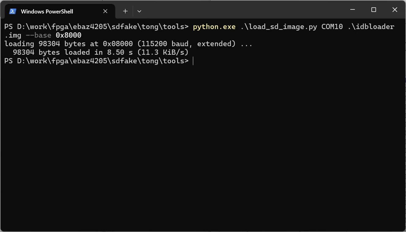 PowerShell 中运行 load_sd_image.py,经 COM10 以 115200 波特推送 98304 字节镜像